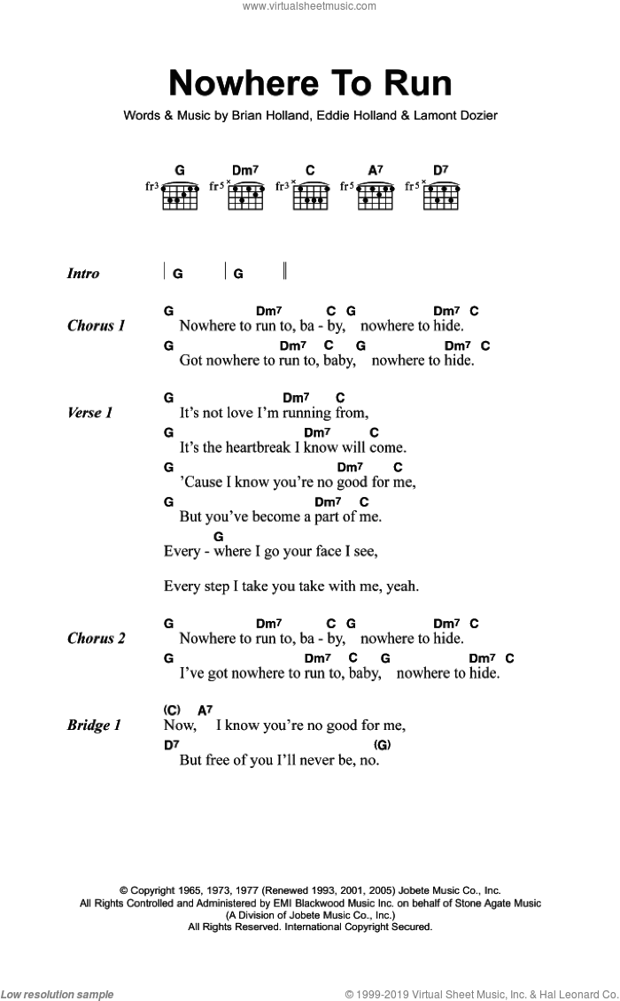 Nowhere To Run sheet music for guitar (chords) by Martha & The Vandellas, Brian Holland, Eddie Holland and Lamont Dozier, intermediate skill level