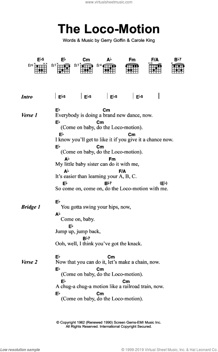 The Loco-Motion sheet music for guitar (chords) by Little Eva, Kylie, Carole King and Gerry Goffin, intermediate skill level