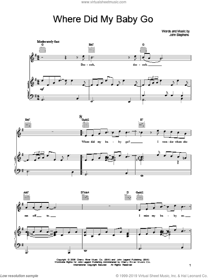 Where Did My Baby Go sheet music for voice, piano or guitar by John Legend and John Stephens, intermediate skill level
