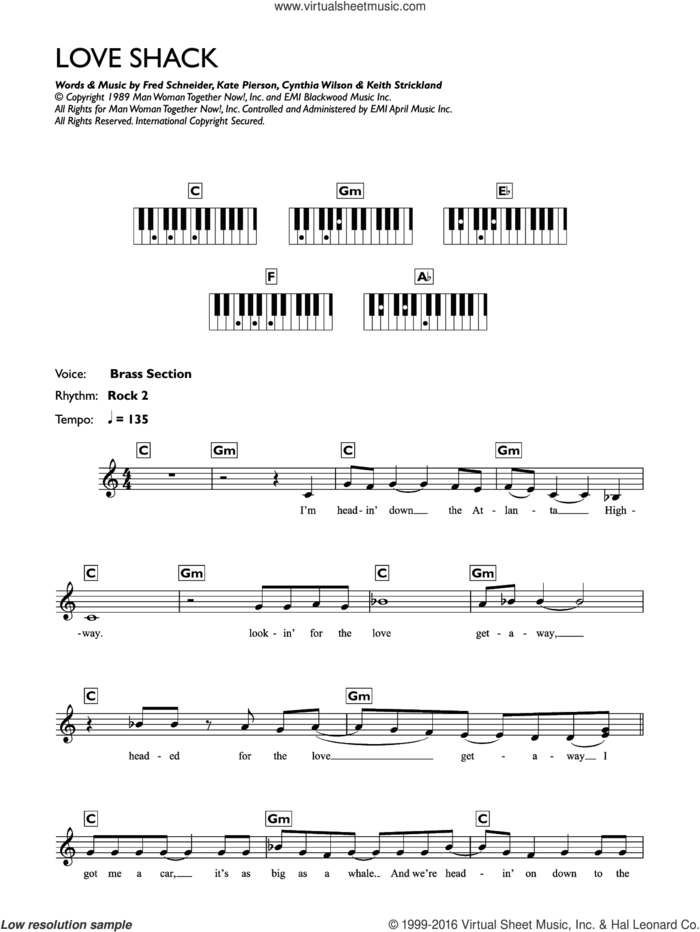 Love Shack sheet music for piano solo (chords, lyrics, melody) by The B-52's, Cynthia Wilson, Fred Schneider, Kate Pierson and Keith Strickland, intermediate piano (chords, lyrics, melody)