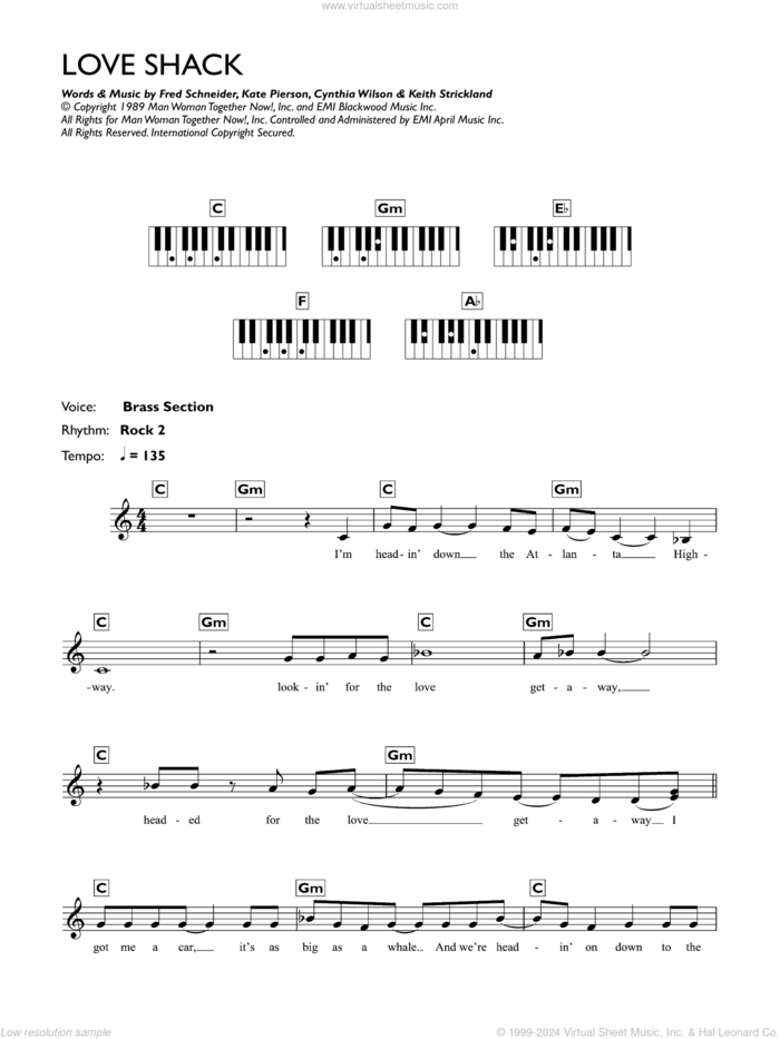 Love Shack sheet music for piano solo (chords, lyrics, melody) by The B-52's, Cynthia Wilson, Fred Schneider, Kate Pierson and Keith Strickland, intermediate piano (chords, lyrics, melody)