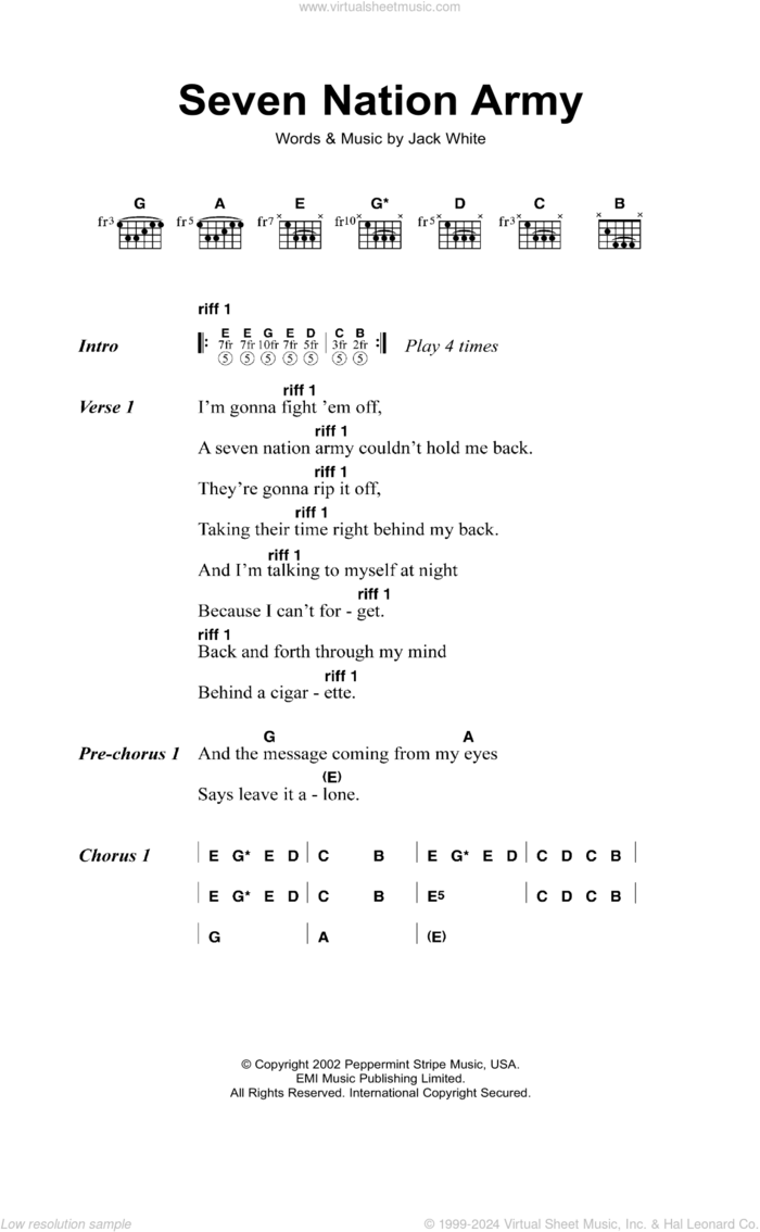 Seven Nation Army sheet music for guitar (chords) by The White Stripes, Hard-Fi and Jack White, intermediate skill level