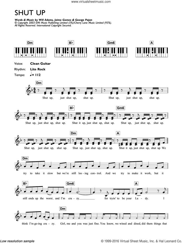 Shut Up sheet music for piano solo (chords, lyrics, melody) by Will Adams, Black Eyed Peas, George Pajan and Jaime Gomez, intermediate piano (chords, lyrics, melody)