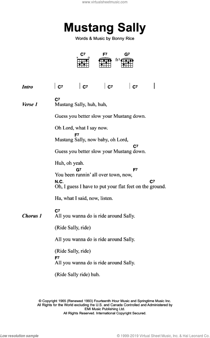 Mustang Sally sheet music for guitar (chords) by Wilson Pickett and Bonny Rice, intermediate skill level
