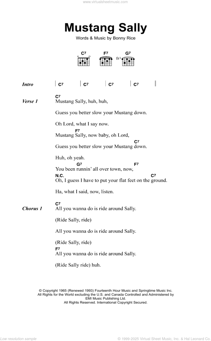 Mustang Sally sheet music for guitar (chords) by Wilson Pickett and Bonny Rice, intermediate skill level