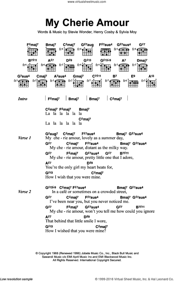 My Cherie Amour sheet music for guitar (chords) by Stevie Wonder, Henry Cosby and Sylvia Moy, intermediate skill level