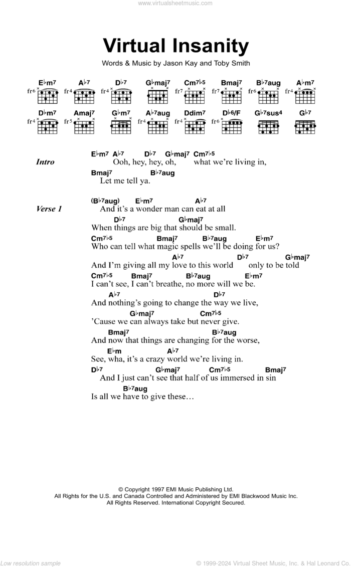 Virtual Insanity sheet music for guitar (chords) by Jamiroquai, Derrick McKenzie, Jason Kay, Simon Katz, Stuart Zender, Toby Smith and Wallis Buchanan, intermediate skill level