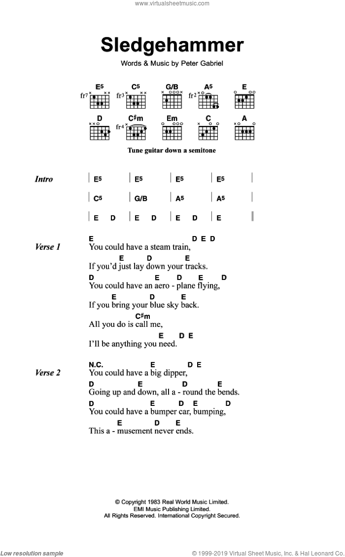 Sledgehammer sheet music for guitar (chords) by Peter Gabriel, intermediate skill level