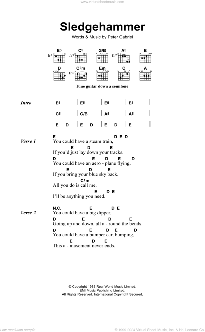 Sledgehammer sheet music for guitar (chords) by Peter Gabriel, intermediate skill level
