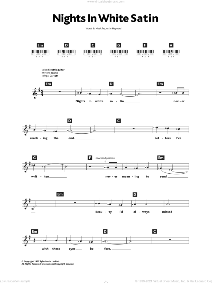 Nights In White Satin sheet music for piano solo (chords, lyrics, melody) by The Moody Blues and Justin Hayward, intermediate piano (chords, lyrics, melody)