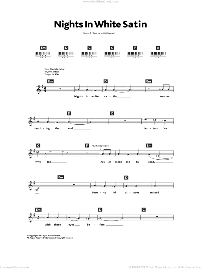 Nights In White Satin sheet music for piano solo (chords, lyrics, melody) by The Moody Blues and Justin Hayward, intermediate piano (chords, lyrics, melody)