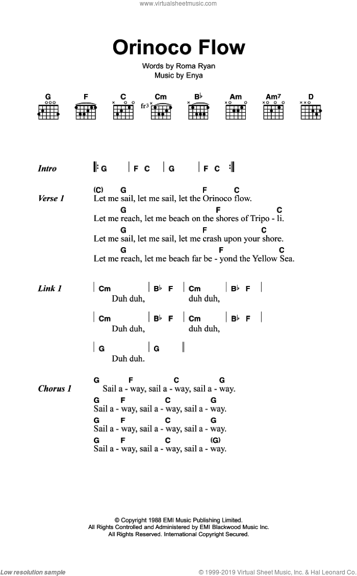 Orinoco Flow sheet music for guitar (chords) by Enya and Roma Ryan, intermediate skill level