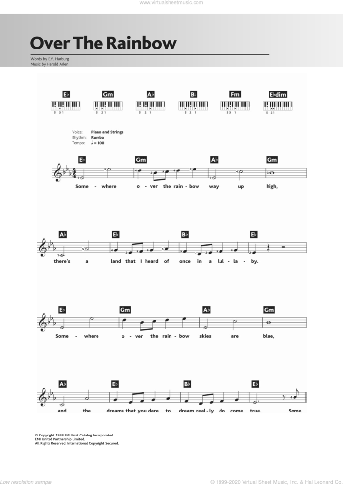 Over The Rainbow (from 'The Wizard Of Oz') sheet music for piano solo (chords, lyrics, melody) by Judy Garland, Eva Cassidy, E.Y. Harburg and Harold Arlen, intermediate piano (chords, lyrics, melody)