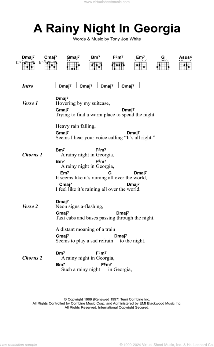 A Rainy Night In Georgia sheet music for guitar (chords) by Brook Benton and Tony Joe White, intermediate skill level