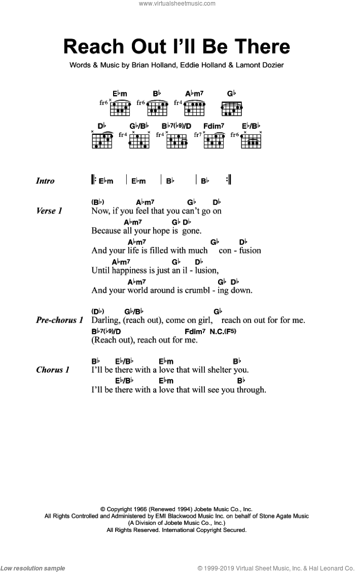 Reach Out, I'll Be There sheet music for guitar (chords) by The Four Tops, Brian Holland, Eddie Holland and Lamont Dozier, intermediate skill level