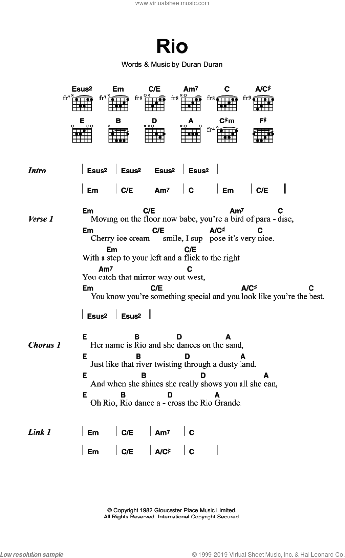 Rio sheet music for guitar (chords) by Duran Duran, intermediate skill level
