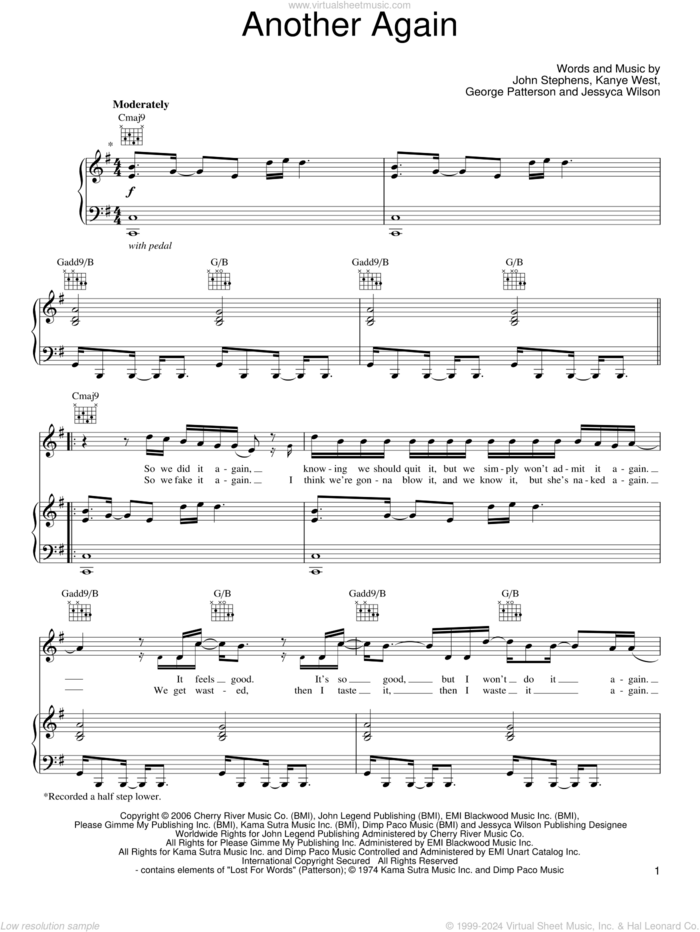 Another Again sheet music for voice, piano or guitar by John Legend, George Patterson, Jessyca Wilson, John Stephens and Kanye West, intermediate skill level