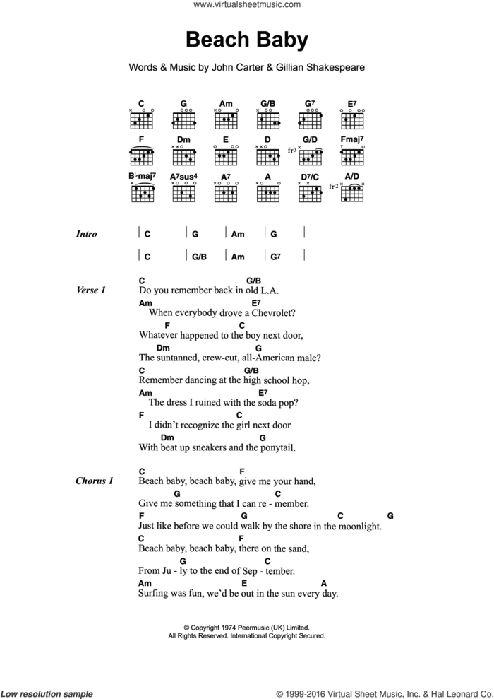 Beach Baby sheet music for guitar (chords) by The First Class, Gillian Shakespeare and John Carter, intermediate skill level