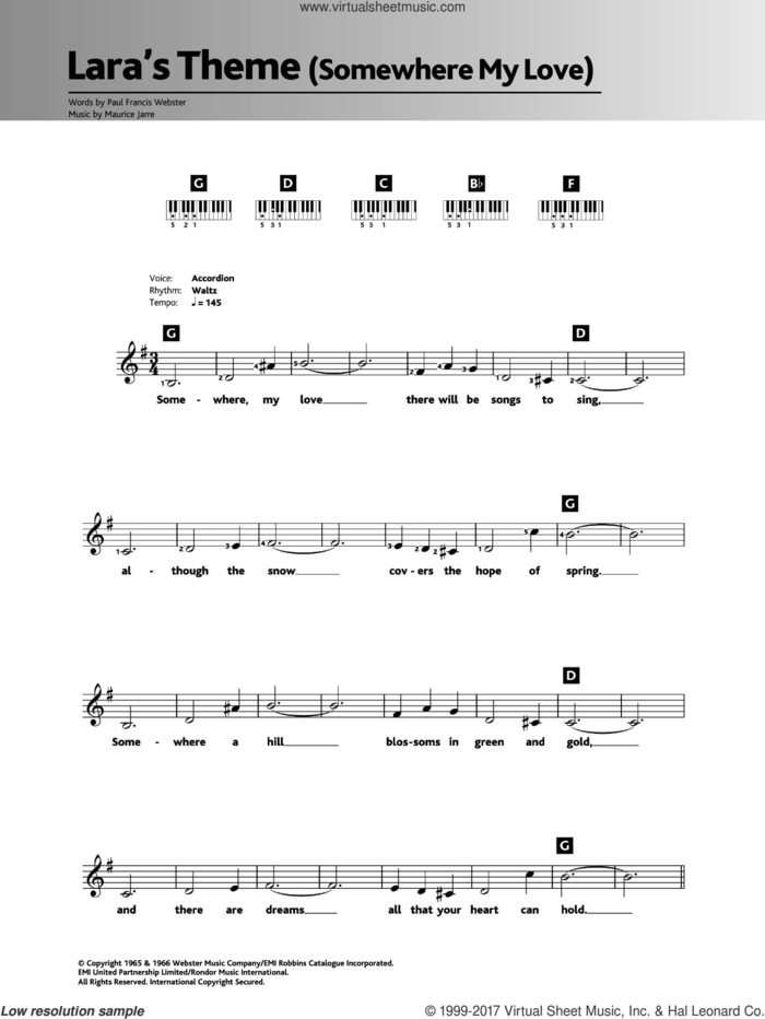 Somewhere My Love (Lara's Theme) sheet music for piano solo (chords, lyrics, melody) by Maurice Jarre and Paul Francis Webster, intermediate piano (chords, lyrics, melody)