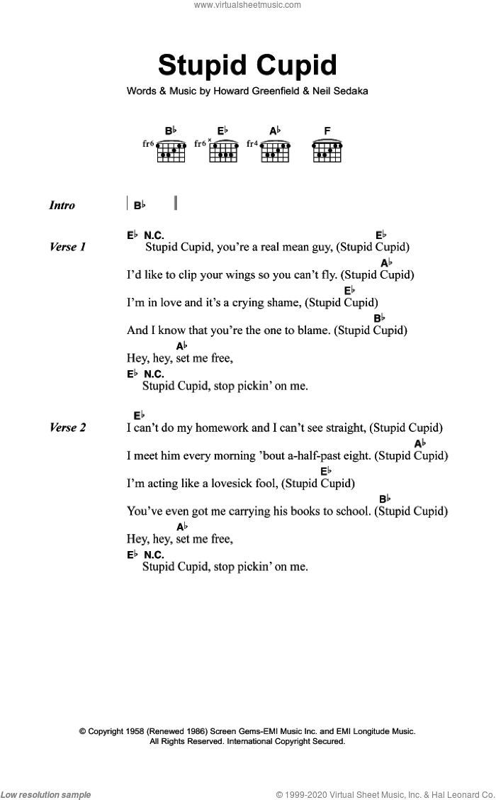 Stupid Cupid sheet music for guitar (chords) by Connie Francis, Howard Greenfield and Neil Sedaka, intermediate skill level