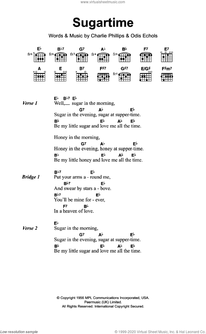 Sugartime sheet music for guitar (chords) by The McGuire Sisters, Charlie Phillips and Odis Echols, intermediate skill level