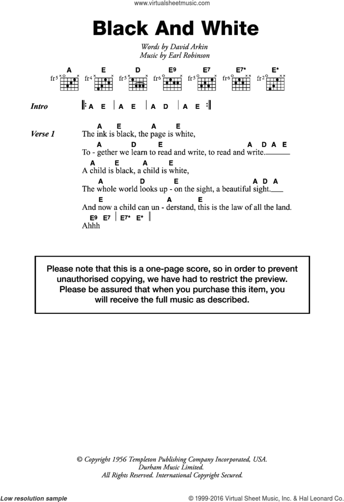 Black And White sheet music for guitar (chords) by Greyhound, David Arkin and Earl Robinson, intermediate skill level