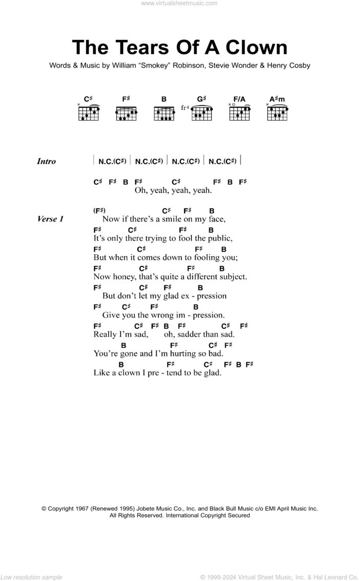 The Tears Of A Clown sheet music for guitar (chords) by Smokey Robinson & The Miracles, Henry Cosby and Stevie Wonder, intermediate skill level