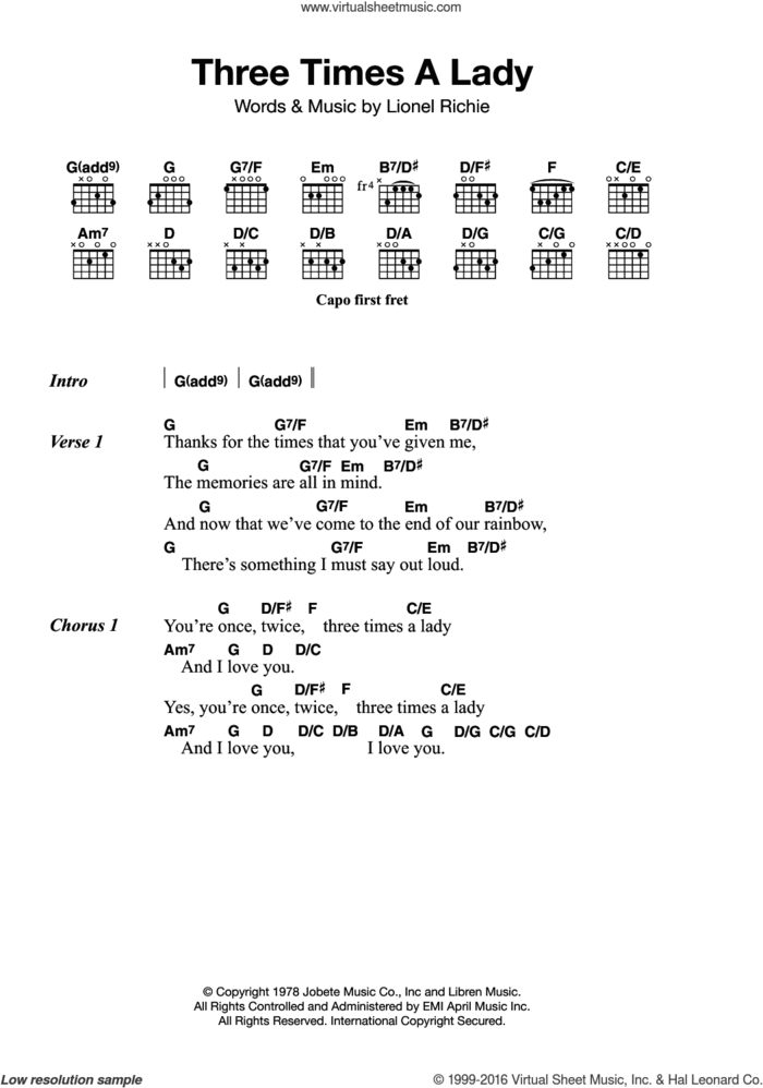 Three Times A Lady sheet music for guitar (chords) by Lionel Richie and The Commodores, intermediate skill level