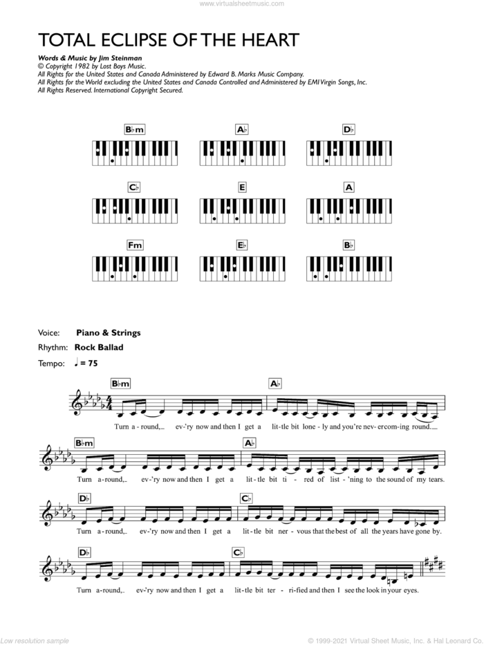 Total Eclipse Of The Heart sheet music for piano solo (chords, lyrics, melody) by Bonnie Tyler and Jim Steinman, intermediate piano (chords, lyrics, melody)