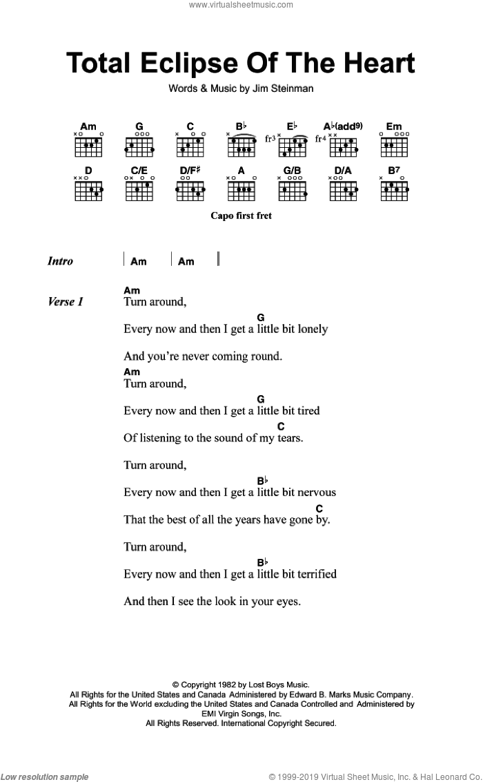 Total Eclipse Of The Heart sheet music for guitar (chords) by Bonnie Tyler and Jim Steinman, intermediate skill level