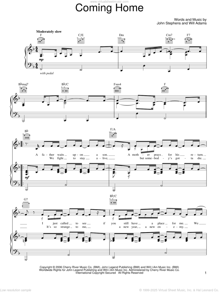 Coming Home sheet music for voice, piano or guitar by John Legend, John Stephens and Will Adams, intermediate skill level