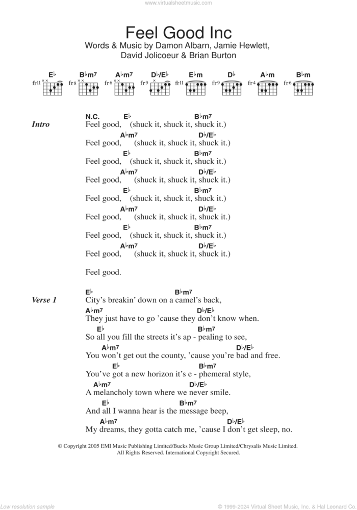 Feel Good Inc. sheet music for guitar (chords) by Gorillaz, Brian Burton, Damon Albarn, David Jolicoeur and Jamie Hewlett, intermediate skill level