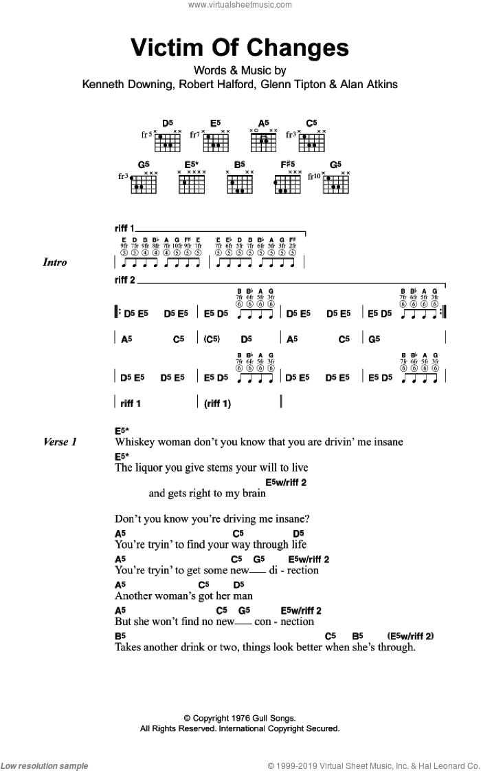 Victim Of Changes sheet music for guitar (chords) by Judas Priest, Alan Atkins, Glenn Tipton, Kenneth Downing and Rob Halford, intermediate skill level