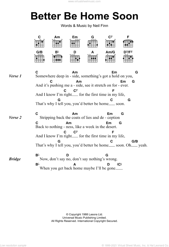 Better Be Home Soon sheet music for guitar (chords) by Crowded House and Neil Finn, intermediate skill level