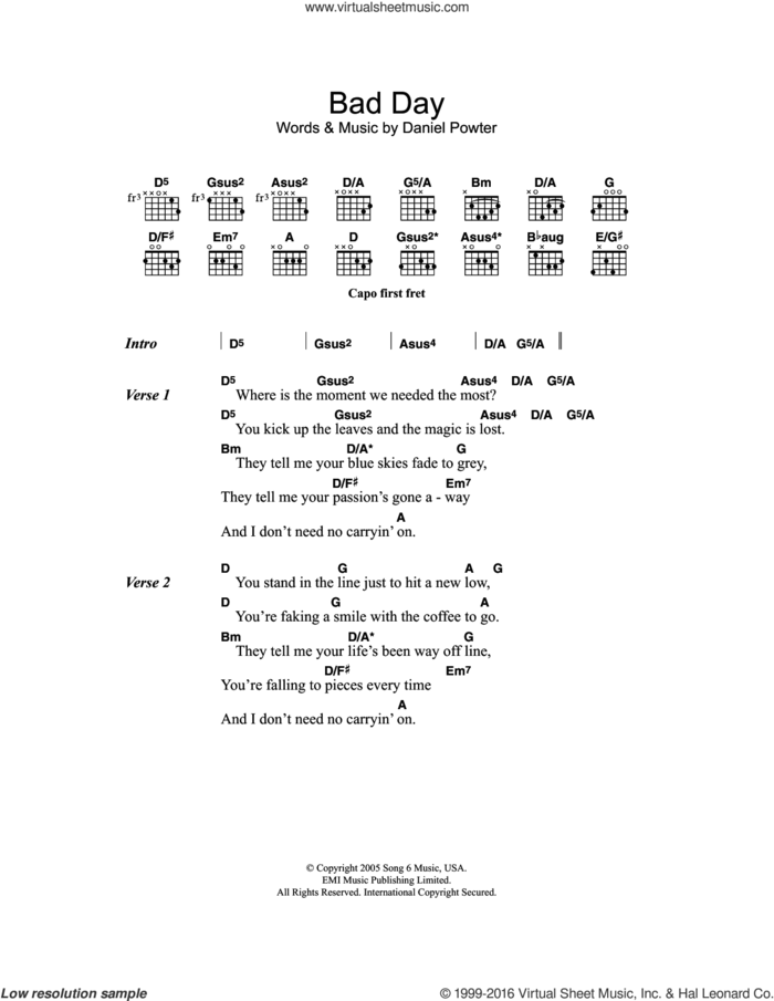 Bad Day sheet music for guitar (chords) by Daniel Powter, intermediate skill level