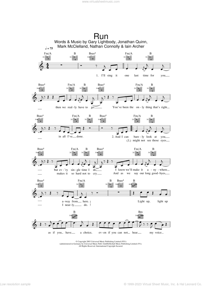 Run sheet music for voice and other instruments (fake book) by Snow Patrol, Leona Lewis, Gary Lightbody, Iain Archer, Jonathan Quinn, Mark McClelland and Nathan Connolly, intermediate skill level