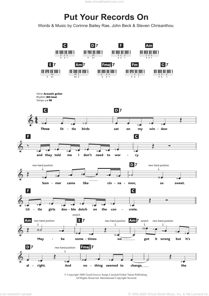 Put Your Records On sheet music for piano solo (chords, lyrics, melody) by Corinne Bailey Rae, John Beck and Steven Chrisanthou, intermediate piano (chords, lyrics, melody)