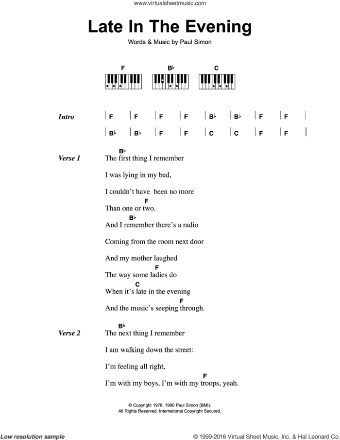 Late In The Evening sheet music for piano solo (chords, lyrics, melody) by Paul Simon, intermediate piano (chords, lyrics, melody)