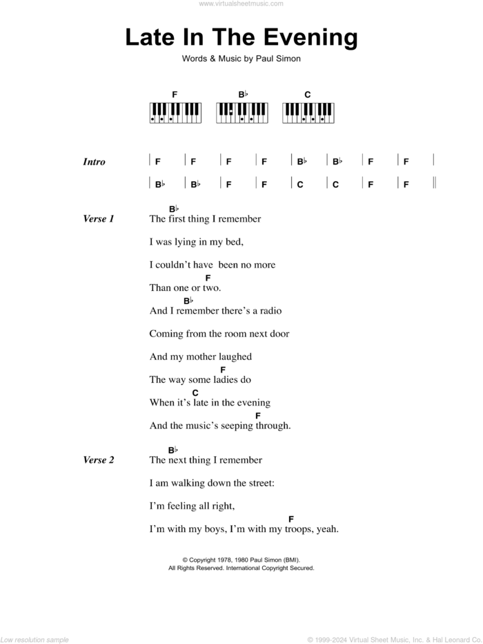 Late In The Evening sheet music for piano solo (chords, lyrics, melody) by Paul Simon, intermediate piano (chords, lyrics, melody)