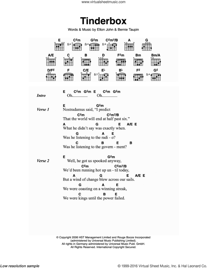 Tinderbox sheet music for guitar (chords) by Elton John and Bernie Taupin, intermediate skill level