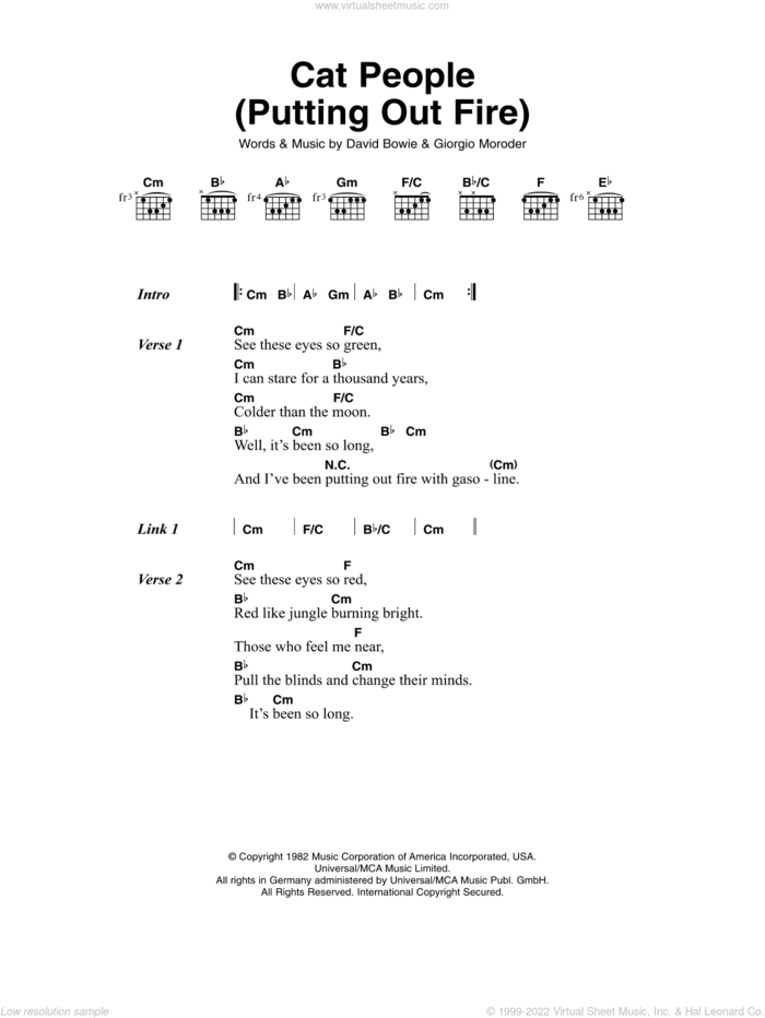 Cat People (Putting Out Fire) sheet music for guitar (chords) by David Bowie and Giorgio Moroder, intermediate skill level