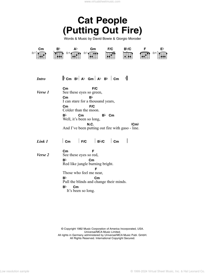 Cat People (Putting Out Fire) sheet music for guitar (chords) by David Bowie and Giorgio Moroder, intermediate skill level