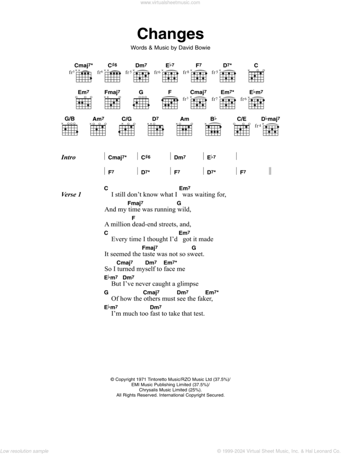 Changes sheet music for guitar (chords) by David Bowie, intermediate skill level