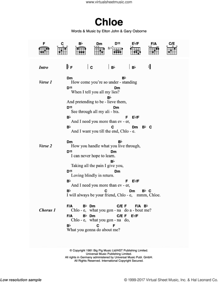 Chloe sheet music for guitar (chords) by Elton John and Gary Osborne, intermediate skill level