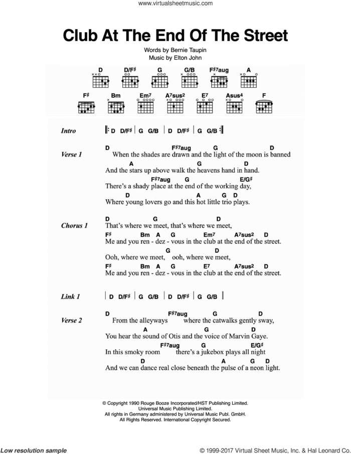 Club At The End Of The Street sheet music for guitar (chords) by Elton John and Bernie Taupin, intermediate skill level