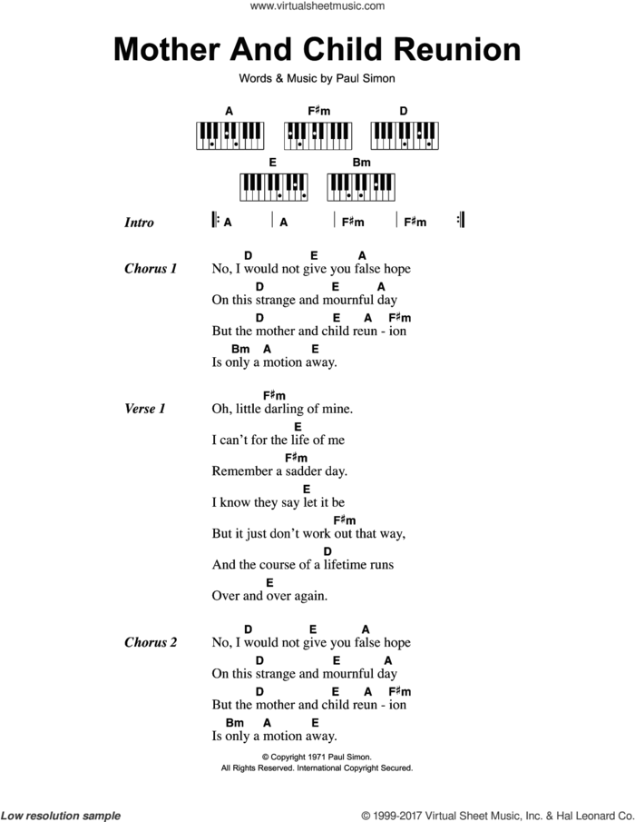 Mother And Child Reunion sheet music for piano solo (chords, lyrics, melody) by Paul Simon, intermediate piano (chords, lyrics, melody)