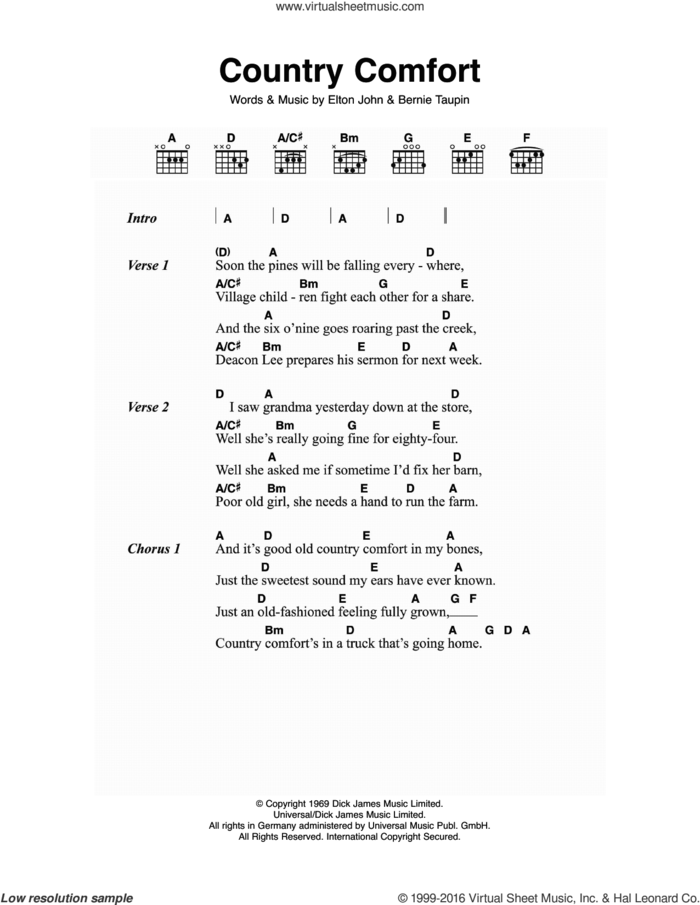 Country Comfort sheet music for guitar (chords) by Elton John and Bernie Taupin, intermediate skill level