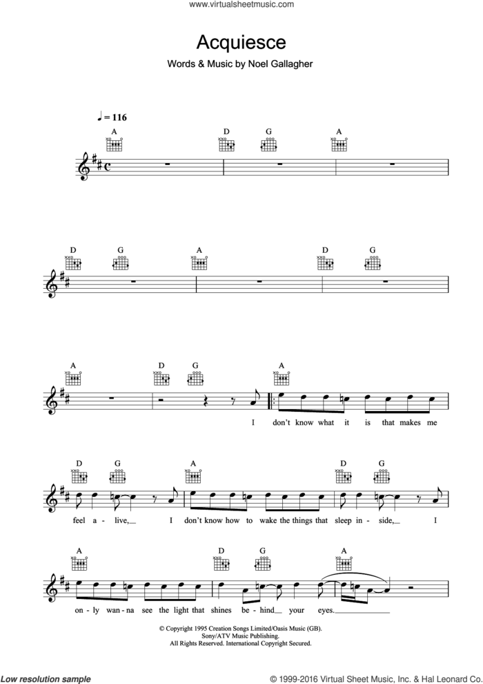 Acquiesce sheet music for voice and other instruments (fake book) by Oasis and Noel Gallagher, intermediate skill level