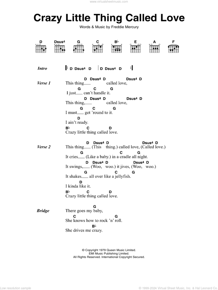 Crazy Little Thing Called Love sheet music for guitar (chords) by Queen and Freddie Mercury, intermediate skill level