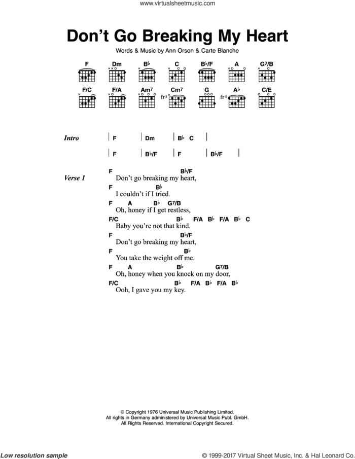 Don't Go Breaking My Heart sheet music for guitar (chords) by Elton John, Ann Orson and Carte Blanche, intermediate skill level